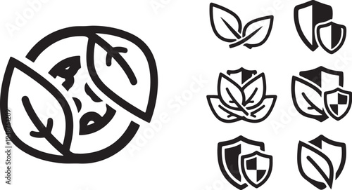 Eco friendly icons and logos with leaves and shields