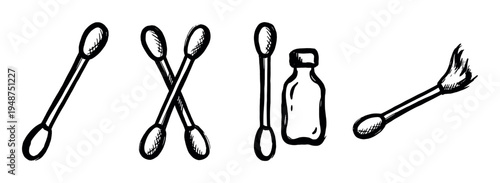 Hand-drawn style illustrations of cotton swabs in various arrangements and a small bottle, depicting personal hygiene and cleaning tools.