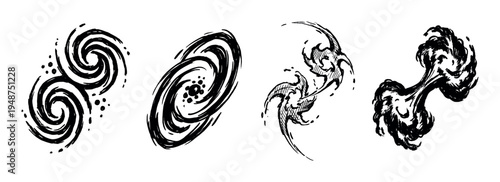 Dynamic hand-drawn black and white abstract swirl and vortex shapes creating energetic graphic elements with a grunge texture.