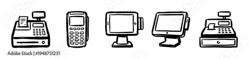 Hand-drawn sketch icons of various point of sale equipment including cash registers, credit card terminals, and modern POS monitors.