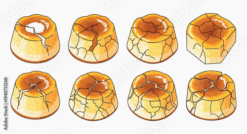 The cracked surface of several burnt food items are displayed