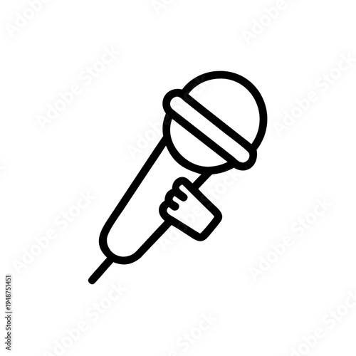 A simple black line art icon featuring a handheld microphone held by a human hand for audio usage