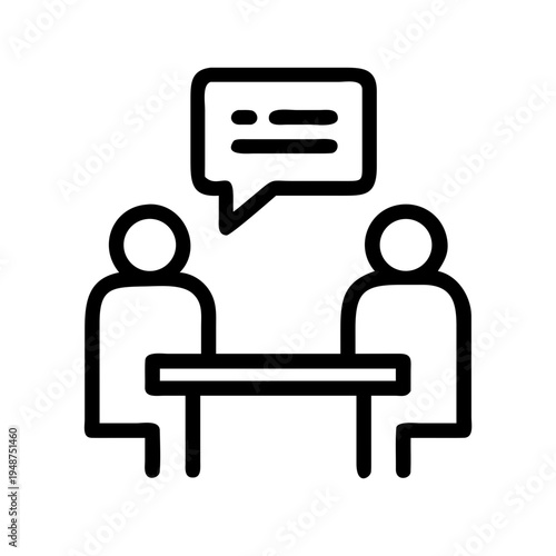 A simple black line icon representing two people sitting at a table engaged in a business meeting