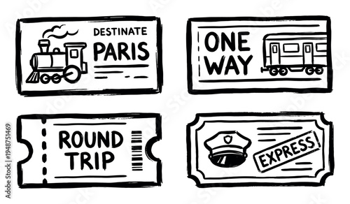 Hand-drawn illustrations of vintage train tickets for various journeys, including one-way, round trip, and express travel.