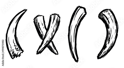 Collection of hand-drawn black ink brush stroke animal teeth and fangs, depicting a primal and wild aesthetic.