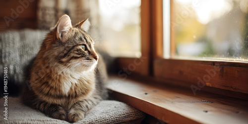 Cozy Tabby Cat by Window with Golden Light