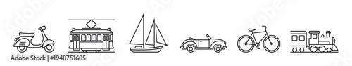 Set of line art icons depicting various modes of transportation including land, water, and personal vehicles.