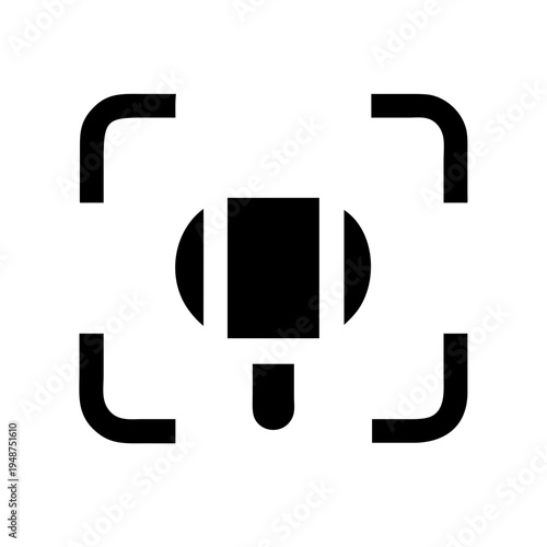 A minimalist black icon representing a gavel of justice framed within a square corner focus mark