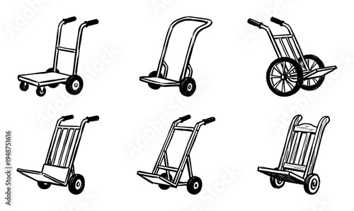 Set of six different hand truck illustrations, showcasing various designs of utility carts used for moving heavy objects.