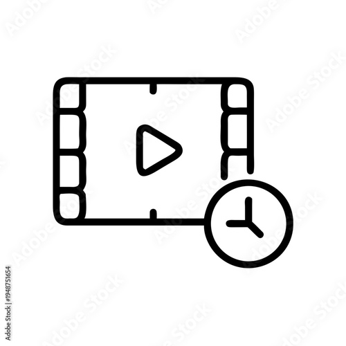 A linear icon representing a film strip frame with a play button and a clock time duration symbol