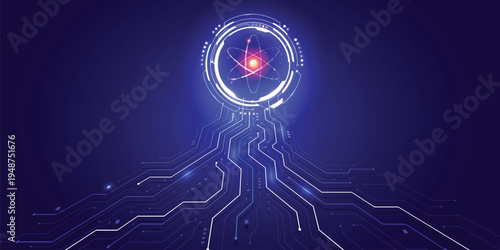 Futuristic Quantum Computing Atom HUD Above Circuit Board, Neon Blue Technology Background For AI, Science And Innovation Concepts