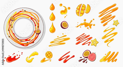 A vibrant illustration of various food items and splatters on a white background with a plate.