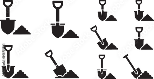 Black and white shovel icons with soil piles pattern
