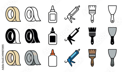 Assortment of adhesive and application tools like tape, glue, caulk guns, paint brushes, and spatulas in different styles.