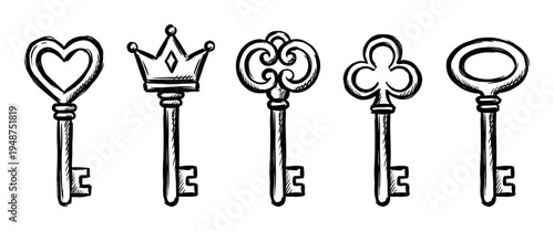 Five unique hand-sketched keys, each with a distinct decorative top, symbolizing access and opportunity.