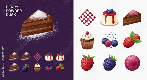 A vibrant digital illustration of assorted sweet desserts and fresh berries on a contrasting background at dusk