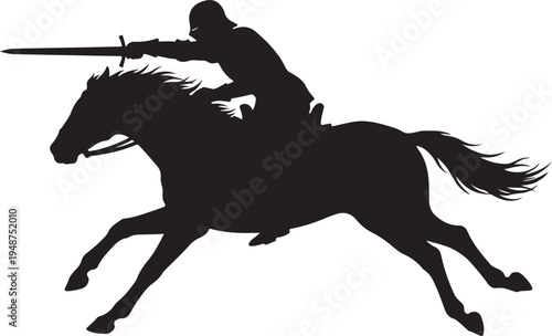 Black silhouette of a medieval knight on a horse with a sword