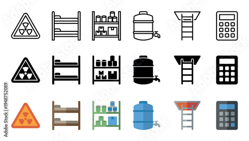 Diverse collection of essential icons presented in outline, solid, and colored styles for various design needs.
