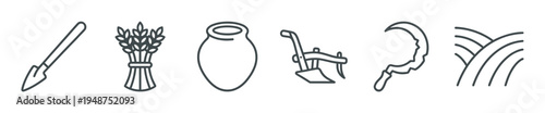 Collection of outline icons illustrates various farming tools and agricultural symbols used in traditional cultivation practices.