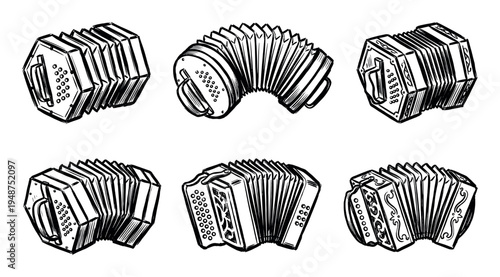 Collection of detailed line art illustrations showcasing various bandoneons, highlighting their intricate bellows and button arrangements.