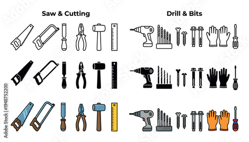 Comprehensive collection of essential construction and DIY hand tools, including saws, drills, hammers, and screwdrivers, presented in outline, solid, and colored styles.