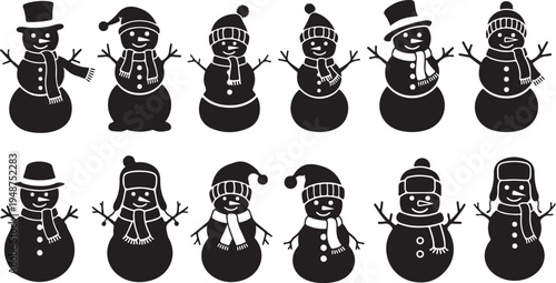 Black and white snowmen in various winter hats and scarves