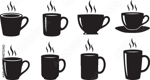 Set of black coffee cups with steam rising icons