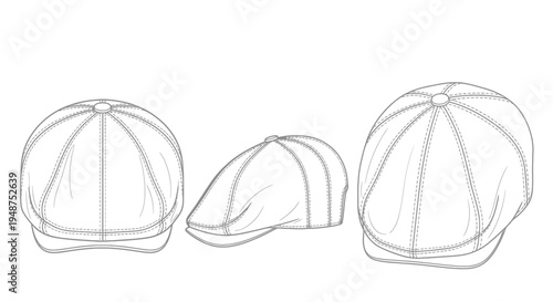 Flat Cap Technical Vector Mockup Front Side Top Views Blueprint Style with Stitching Details