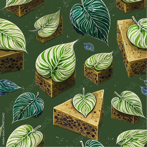 Lush Green Leaves Resting on Geometric Brown Blocks.