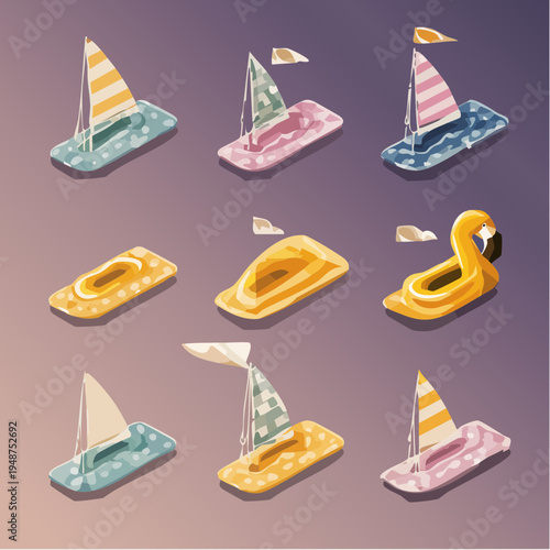 Collection of colorful inflatable boats and sailboats for summer fun.
