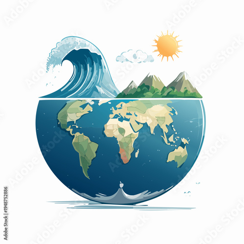 World map with ocean waves and mountains symbolizing environmental balance.