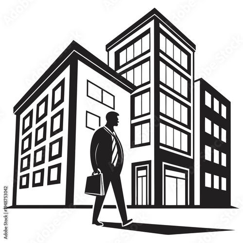 Man standing with city building silhouette illustration