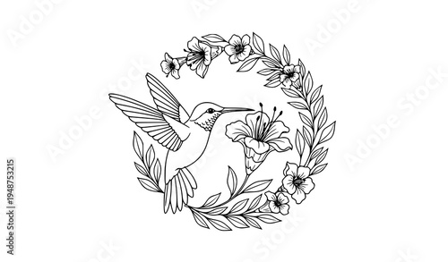 Hummingbird Floral Circle Elegant Botanical Bird Vector Illustration