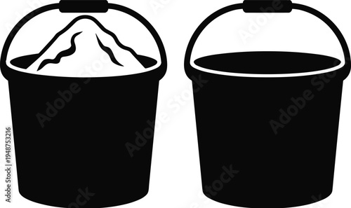 Bucket with sand silhouette and empty bucket icon set, construction material container vector illustration isolated on white