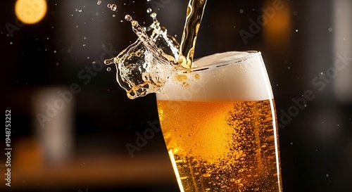 Golden beer being poured into a tall glass, creating a splash and a frothy head, with a blurred background.