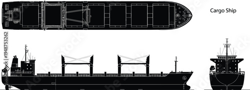 Cargo container ship vector illustration set, maritime freight vessel top side front views, global shipping transport design