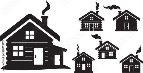Black and white log cabin house silhouette vector graphics