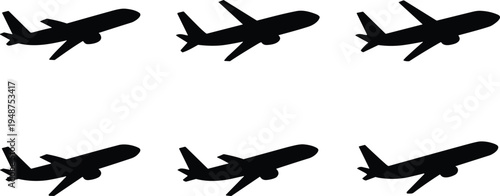 Airplane silhouette set in flight, commercial passenger aircraft icons collection for aviation travel transport vector illustration
