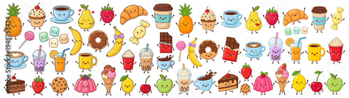 A delightful collection of kawaii style fruits desserts drinks and confections all with cute smiling faces and arms presented in a vibrant pattern food illustration character