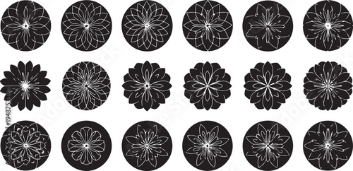 Black and white floral patterns on circular designs