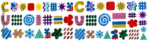 Collection of colorful abstract shapes patterns and graphical elements arranged in rows showcasing diverse textures and playful designs modern set doodle illustration art