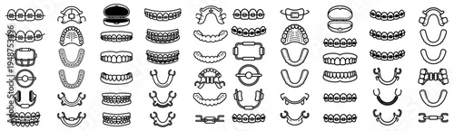 Collection of line art icons representing various dental appliances and orthodontics including braces retainers dentures and mouthguards teeth dental care dental hygiene smile