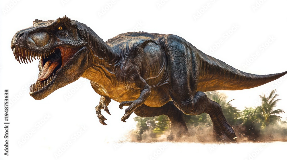 Fototapeta premium Roaring tyrannosaurus running through dust with open jaws and exposed teeth beside palm trees, fierce and powerful motion