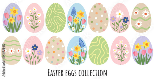 Collection of twelve decorative Easter eggs adorned with colorful spring flowers dots and wavy patterns arranged in two rows floral decoration festive holiday celebration