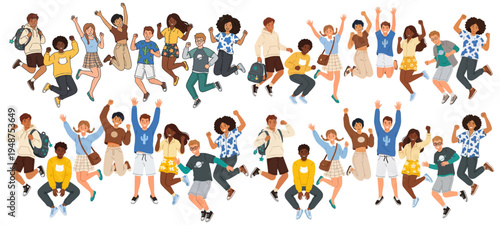 A diverse group of young people in casual clothing joyfully jumping with raised arms and happy expressions celebrating and expressing excitement diversity celebration happiness