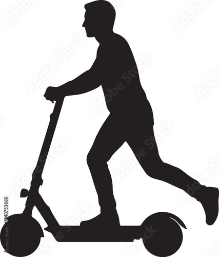 Silhouette of a man riding an electric kick scooter on white background