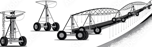Center pivot irrigation system vector illustration, agricultural watering equipment machine, farm irrigation technology for crop field
