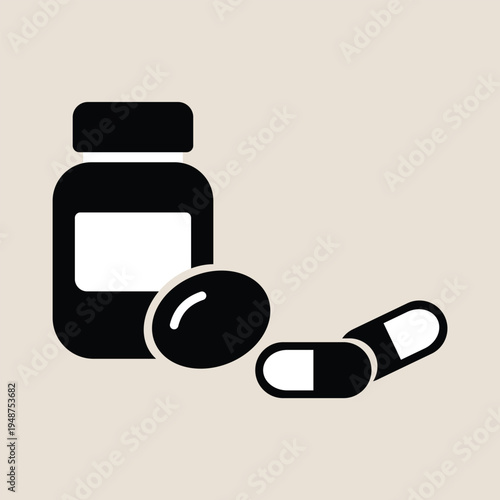 Simple black and white medical icon showing a pill bottle next to one oval tablet and two capsules, arranged on a plain light beige background in a clean and modern vector style illustration