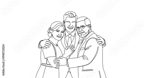 Minimalist line drawing of a groom joyfully embracing his parents, showcasing family love and togetherness on a white background