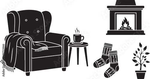 Cozy living room with armchair and warm fireplace setting